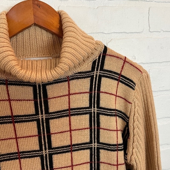 Vintage Knit Sweater Burberry vibe Old money Wool blend Plaid Tan/Black/Red S - Picture 7 of 15